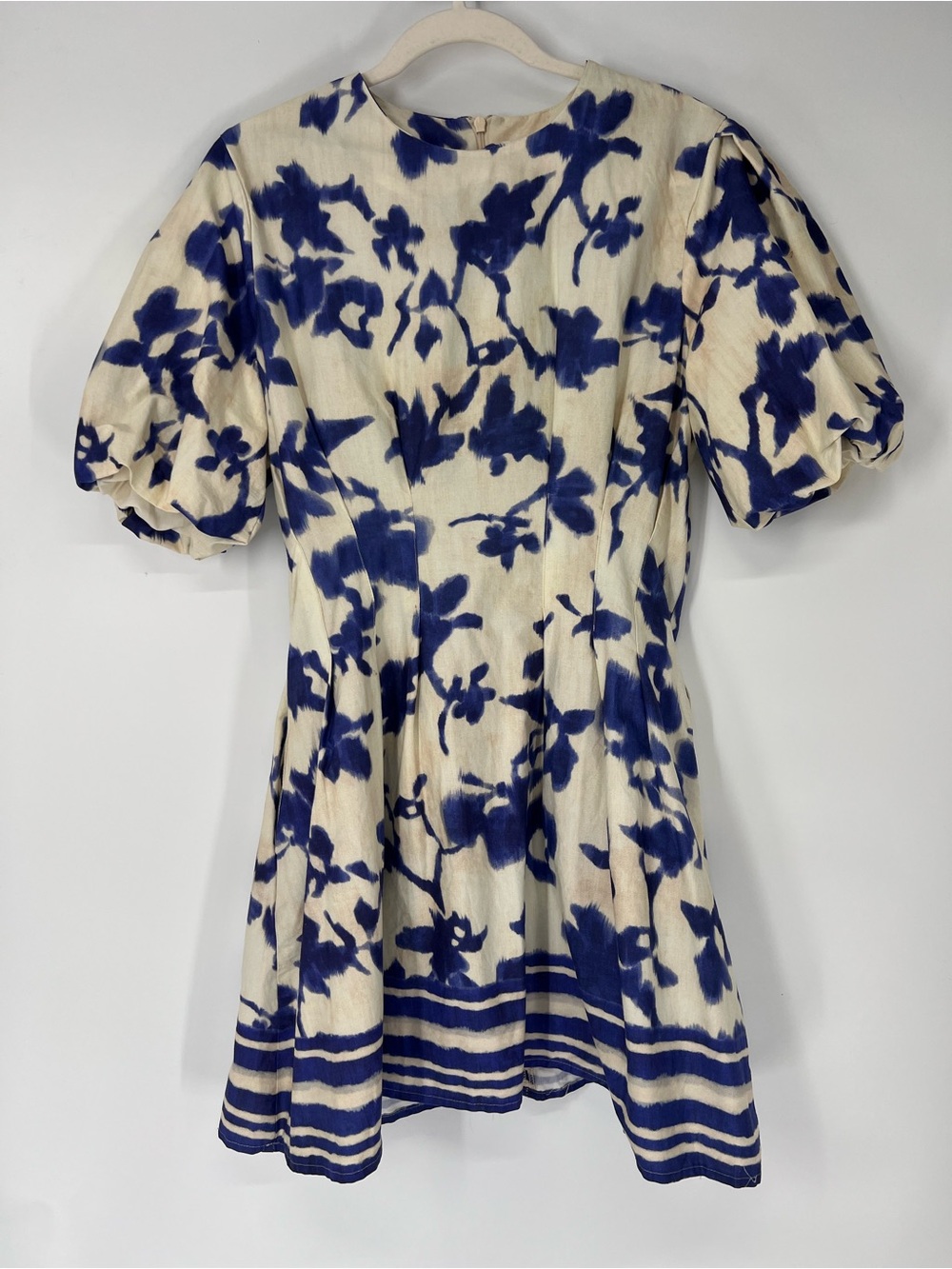 Exquise Purple Floral Puff Sleeve Pleated Striped Fit n' Flare Mini Dress M